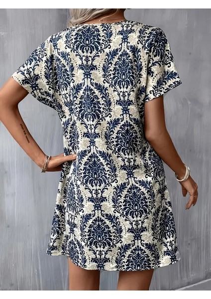Kadın Kısa Kollu Çentik Yaka Çiçek Desenli Keten Elbise