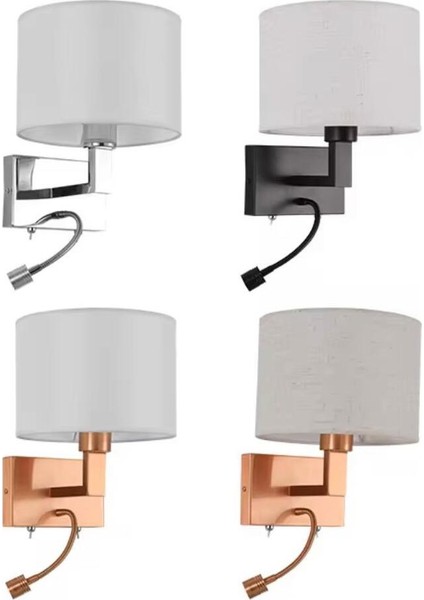Otel Tipi Duvar Apliği LED Okuma Kollu Kumaş Abajur Modern Duvar Lambası – 4 Renk Seçeneği