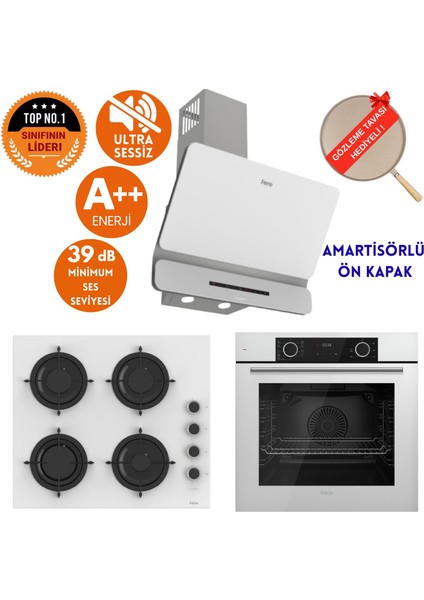 Fryart&flowart Vavi Sessiz Davlumbaz Beyaz Cam Ankastre Set ( D081-SA + CS206-FA + XE63CB )