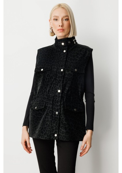 Kadın Peluş Astarlı Kapak Cepli Yelek 8503 Black