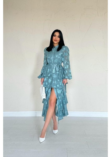 Mint Valonlu Şeritli Kat Kat Elbise fiyatları