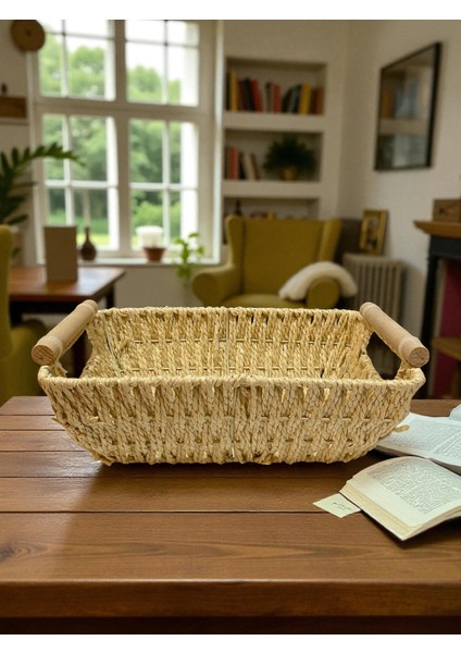 Doğal Hasır Dikdörtgen Sepet – Ahşap Saplı El Örgüsü Servis ve Düzenleme Sepeti | Mutfak, Salon, Banyo ve Dekoratif Kullanım İçin