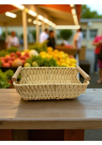 Doğal Hasır Dikdörtgen Sepet – Ahşap Saplı El Örgüsü Servis ve Düzenleme Sepeti | Mutfak, Salon, Banyo ve Dekoratif Kullanım İçin modelleri