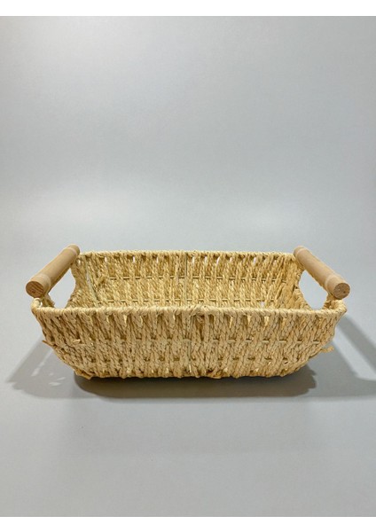 Doğal Hasır Dikdörtgen Sepet – Ahşap Saplı El Örgüsü Servis ve Düzenleme Sepeti | Mutfak, Salon, Banyo ve Dekoratif Kullanım İçin