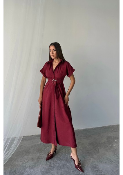 Önden Düğmeli Crushlı Modal Elbise - Bordo fırsatları