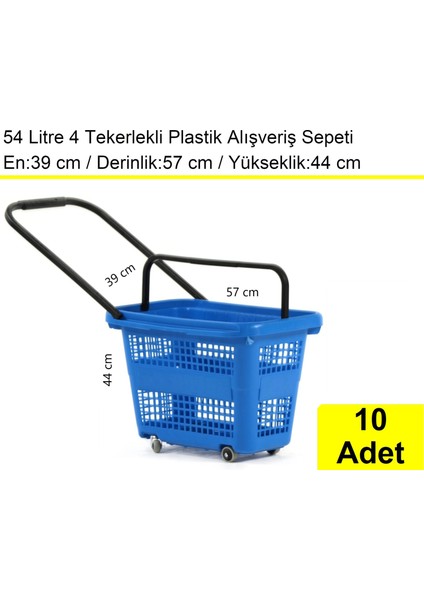 Tekerlekli Plastik Market Alışveriş El Sepeti 54 Litre Mavi 10 Adet