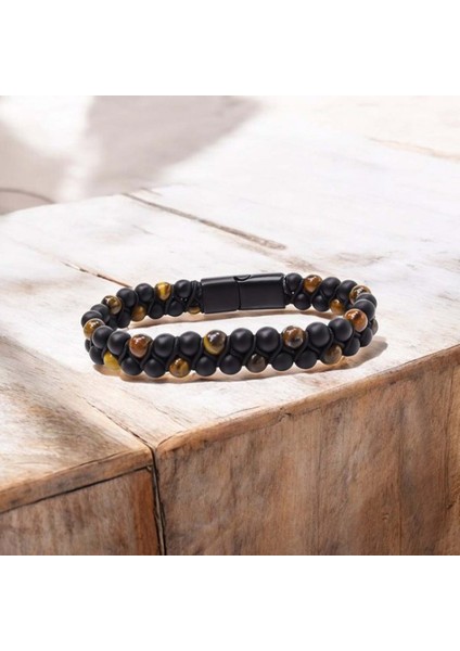 Kaplan Gözü ve Oniks Doğaltaş ve Çelik Halatlı Erkek Bileklik 9592B18D2