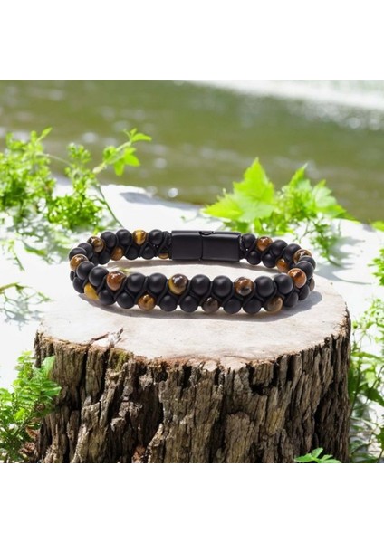 Kaplan Gözü ve Oniks Doğaltaş ve Çelik Halatlı Erkek Bileklik 9592B18D2