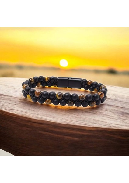 Kaplan Gözü ve Oniks Doğaltaş ve Çelik Halatlı Erkek Bileklik 9592B18D2