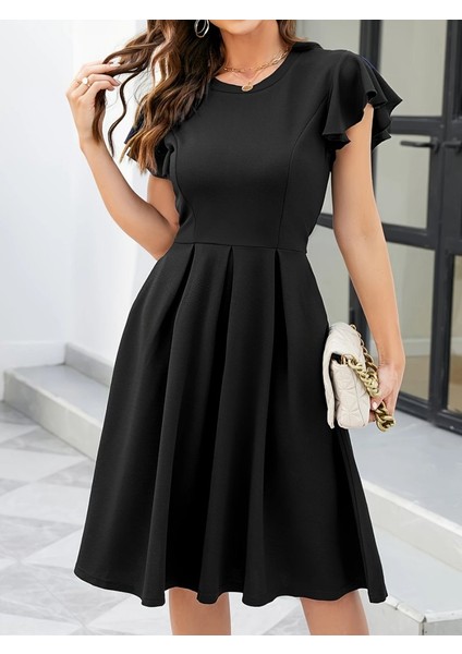 Kadın Kelebek Kollu Bisiklet Yakalı Pileli Ithal Krep Elbise