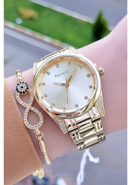 Çelik Modern Tasarım Altın Renk Kadın Kol Saat+Bileklik Hediyeli fiyatları