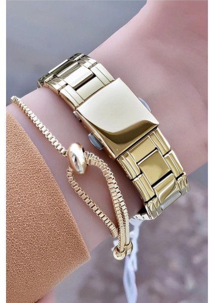 Çelik Modern Tasarım Altın Renk Kadın Kol Saat+Bileklik Hediyeli modelleri