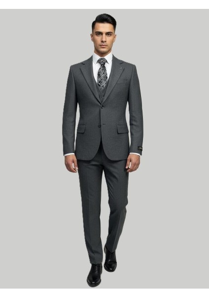 Antrasit Melanj Yelekli Kışlık Takım Elbise