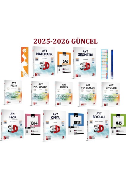 Ayt 3D Tüm Dersler Sayısal Soru Bankası ve Simülasyon Denemeleri Seti 10 Kitap ve Marka 4 Deneme