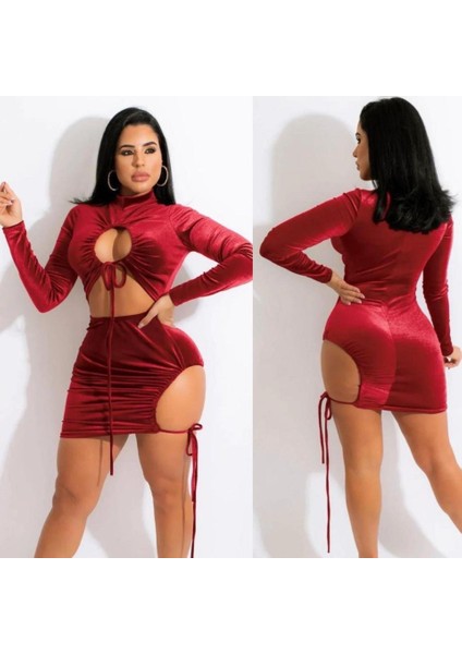 Kadın Uzun Kollu Full Dekolte Detay Kadife Kumaş Elbise