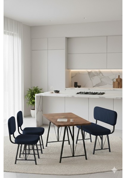 Elfin 70X110 Atlantik Sabit Masa Sandalye Takımı , Yemek Masası, 2 Sandalye 1 Bench - Lacivert