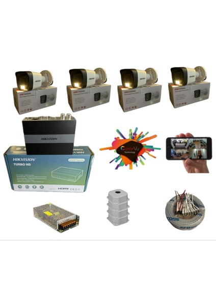 4 Kameralı Gece Renkli 8 Kanal Dvr 512GB Kayıt Cihazı (Yeni Nesil E-Ssd) 0,50 Kablo