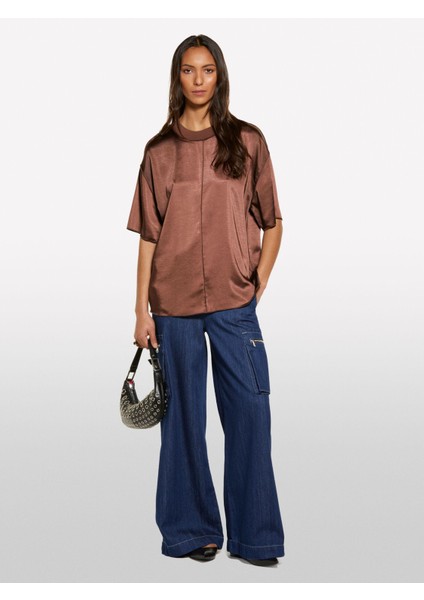 Yakası Ribanalı Over Fit Saten T-Shirt Kadın Kahverengi T-Shirt - 325P5KANLQ08L modelleri