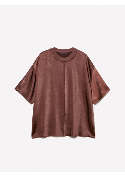 Yakası Ribanalı Over Fit Saten T-Shirt Kadın Kahverengi T-Shirt - 325P5KANLQ08L fırsatları