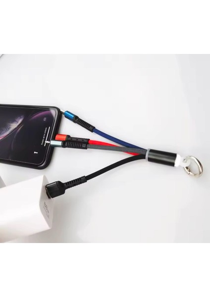 3 Başlıklı Kısa Işıklı Şarj Data Kablosu Powerbank Kablosu 3 Uclu Anahtarlıklı Tüm Telefonlara Uyumlu