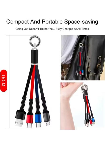 3 Başlıklı Kısa Işıklı Şarj Data Kablosu Powerbank Kablosu 3 Uclu Anahtarlıklı Tüm Telefonlara Uyumlu modelleri