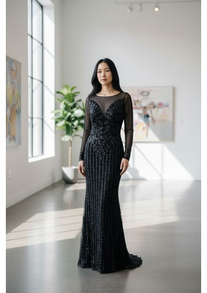 Özel Gün Nişan Söz Balo Taşlı Simli Payetli Tül Detay Özel Tasarım Balık Uzun Abiye Siyah fiyatları
