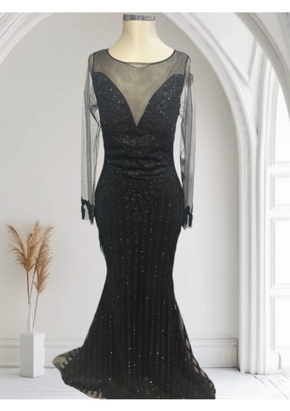 Özel Gün Nişan Söz Balo Taşlı Simli Payetli Tül Detay Özel Tasarım Balık Uzun Abiye Siyah modelleri
