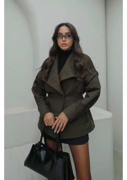 Büyük Yaka Lastikli Büzgü Detay Bele Oturan Tek Düğmeli Tasarım Pinterest Muadil Astarlı Nubuk Süet Premium Bol Kesim Mont Ceket