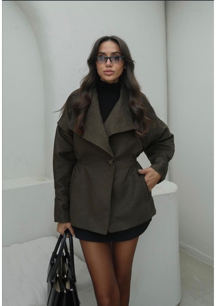 Büyük Yaka Lastikli Büzgü Detay Bele Oturan Tek Düğmeli Tasarım Pinterest Muadil Astarlı Nubuk Süet Premium Bol Kesim Mont Ceket fiyatları