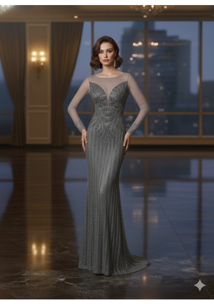 Özel Gün Nişan Söz Balo Taşlı Simli Payetli Tül Detay Özel Tasarım Balık Uzun Abiye Gri