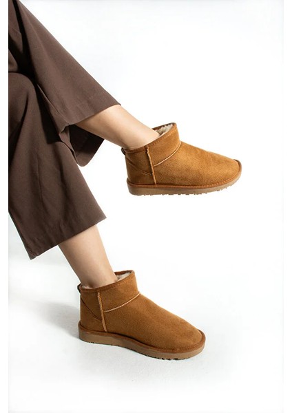 Moscow Mini Taba Süet Yarım Bot Içi Tüylü Düz Taban Kadın Ayakkabı