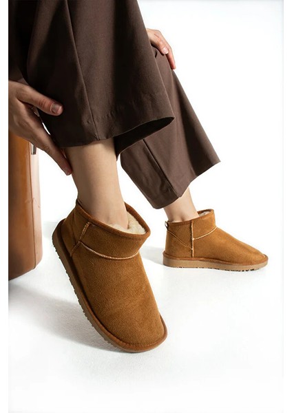 Moscow Mini Taba Süet Yarım Bot Içi Tüylü Düz Taban Kadın Ayakkabı modelleri