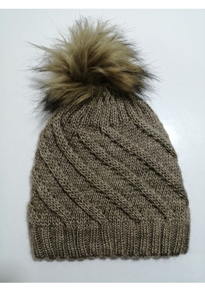 Kadın Örgü Ponponlu Bere Bej Standart