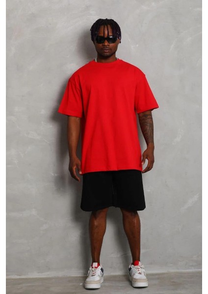 Unisex Oversize Düz Bisiklet Yaka T-Shirt - Kırmızı
