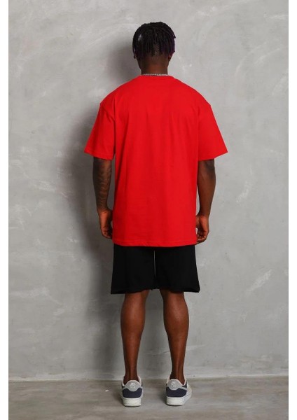 Unisex Oversize Düz Bisiklet Yaka T-Shirt - Kırmızı fiyatları