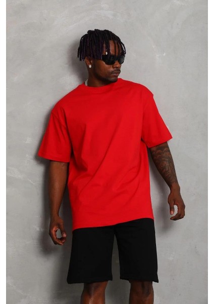 Unisex Oversize Düz Bisiklet Yaka T-Shirt - Kırmızı fırsatları