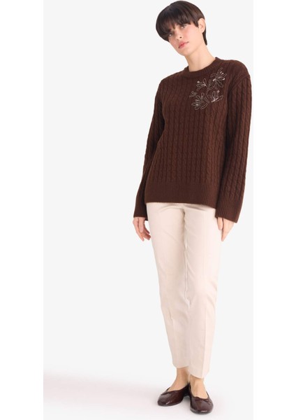 Regular Fit Bisiklet Yaka Nakışlı Triko Kazak G3054AX25AU fiyatları