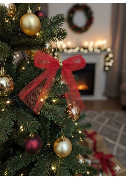 5 Adet Büyükboy - Kırmızı Fiyonk Kurdele - Gold Detaylı - 13X15CM - Yılbaşı Süsü - Yılbaşı Ağaç Süsü
