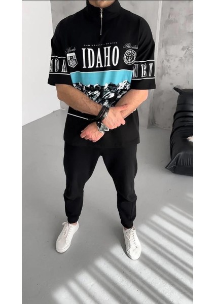 Unisex Baskılı Yarım Fermuarlı T-Shirt - Siyah fiyatları