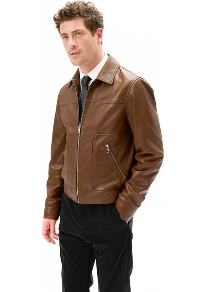 Erkek Taba Fermuarlı Gömlek Yaka Deri Ceket fiyatları