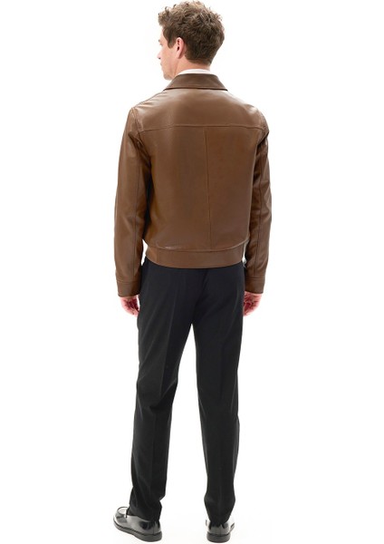 Erkek Taba Fermuarlı Gömlek Yaka Deri Ceket fırsatları