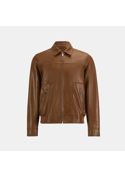 Erkek Taba Fermuarlı Gömlek Yaka Deri Ceket indirimleri