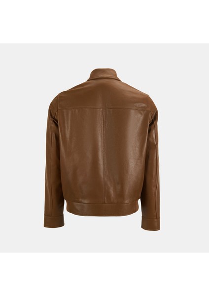 Erkek Taba Fermuarlı Gömlek Yaka Deri Ceket