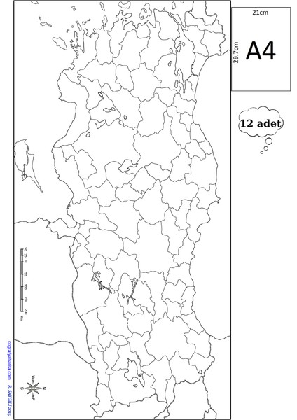 A4 Boy Dilsiz Türkiye Siyasi Haritası Renksiz 12 Adet