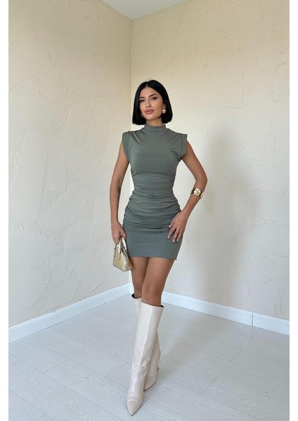 Haki Büzgülü Kolsuz Elbise