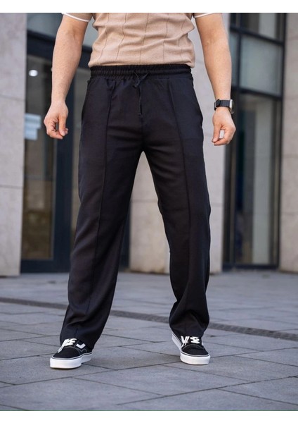 Erkek Keten Cepli Çıma Dikişli Jogger Buggy Pantalon Rahat Kalıp - Siyah