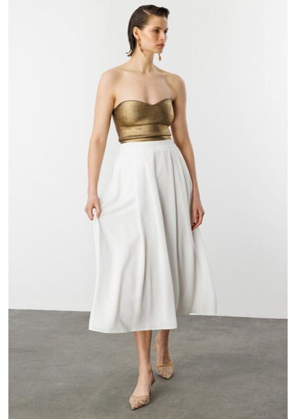 Kalın Pileli Uzun Etek-Kemık