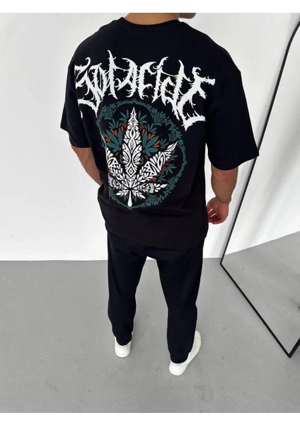 Unisex Bisiklet Yaka Baskılı Oversize T-Shirt - Siyah fiyatları