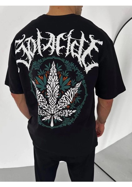 Unisex Bisiklet Yaka Baskılı Oversize T-Shirt - Siyah modelleri