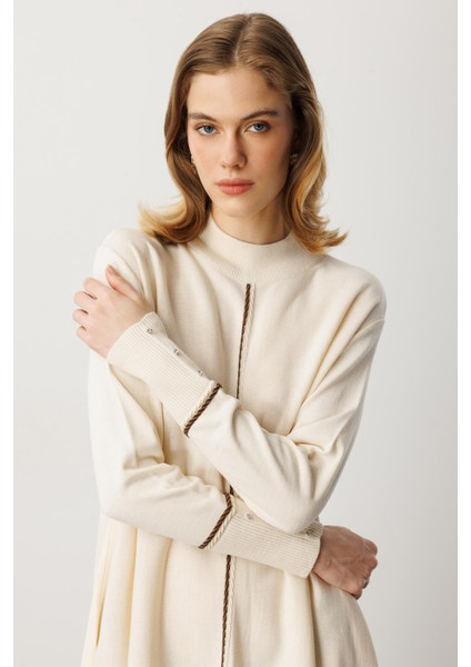 Önü Simli Şerit Detaylı Triko Elbise-Krem indirimleri